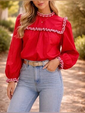 Jodifl Red Embroidered Ruffled Peasant Blouse,Large,Vintage Western, Grandmacore